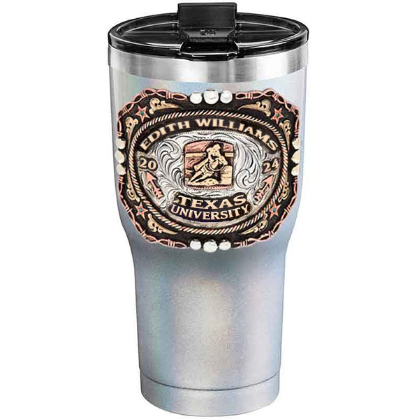 A customized tumbler made of stainless steel with a personalized engraved name and Texas University lettering with barrel racing figure, 30 oz, ideal for coffee or cool drinks